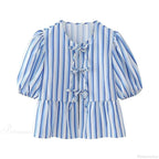 Lace Up Striped O-neck Loose Short Sleeve Blouse