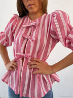 Lace-Up Tie-Up Puff Sleeve Midi Blouse