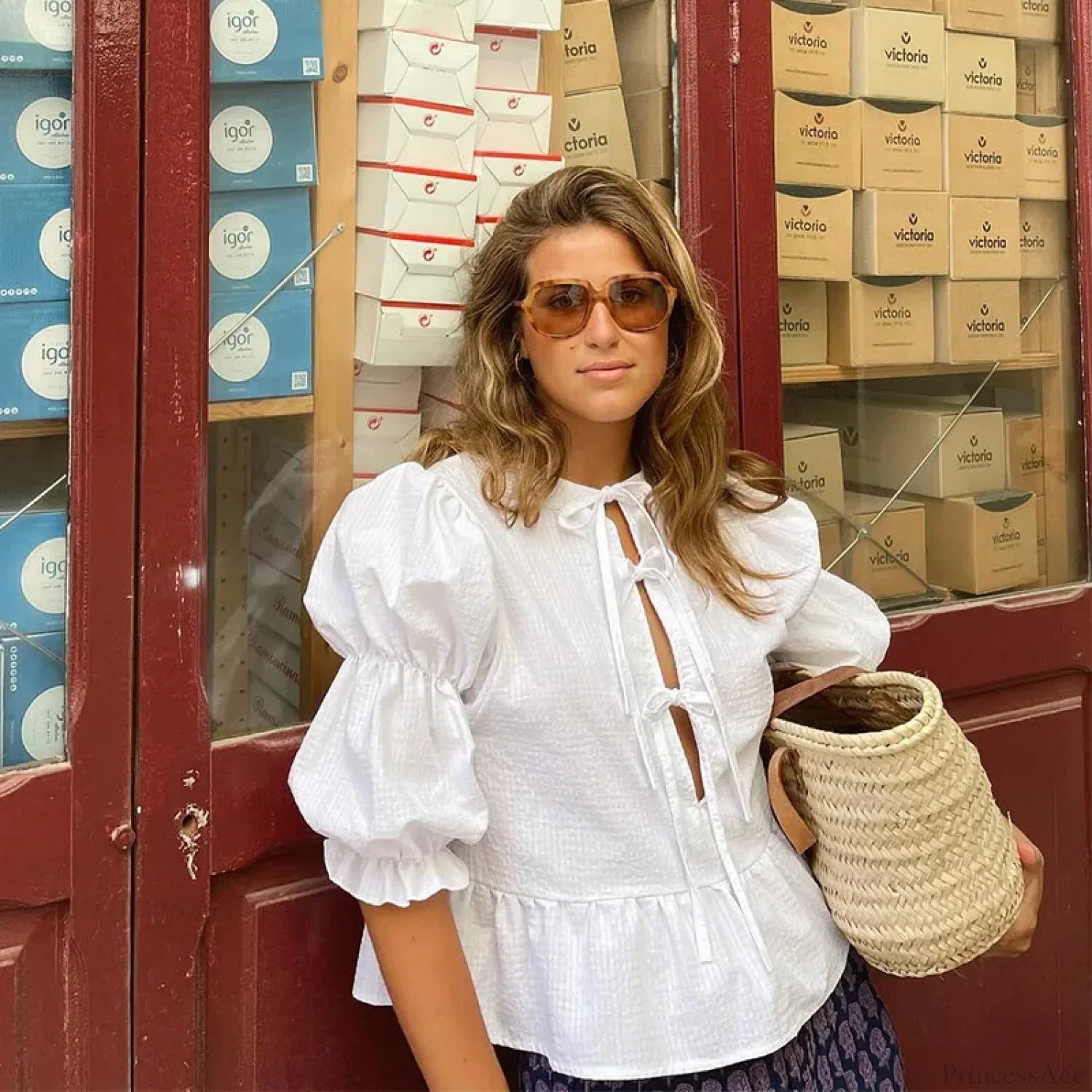 Lace-Up Tie-Up Puff Sleeve Midi Blouse