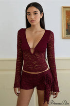Lace V Neck Cutout Long Sleeve Tee