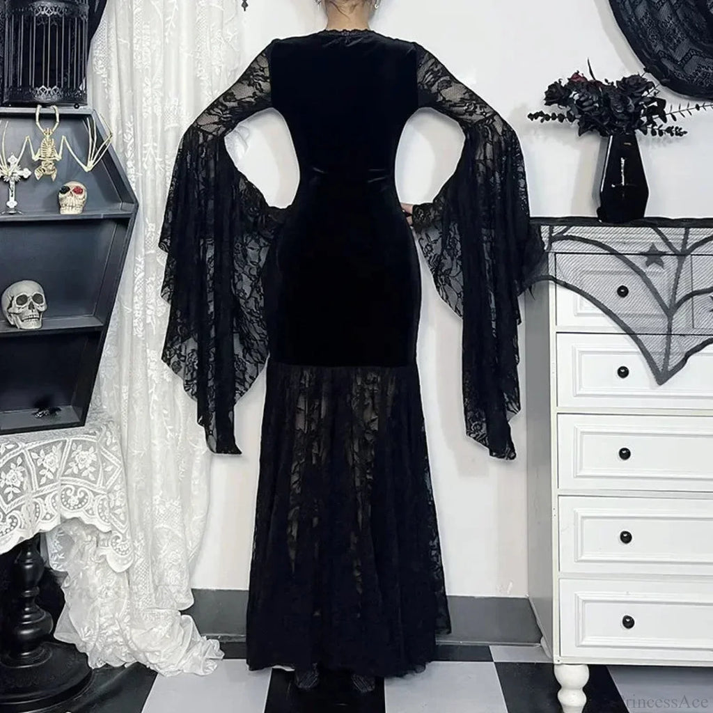 Lacy Mesh V-Neck Long Dress