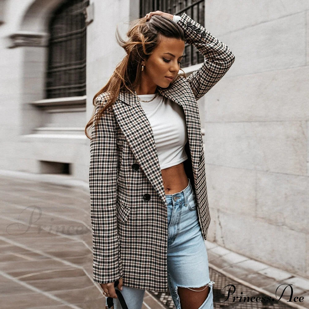 Ladies Notched Collar Plaid Blazer