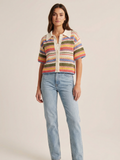 Womens Striped Crochet Knit Crop Top Polo Collar Button Up Short Sleeve Outerwear Chic Fashion
