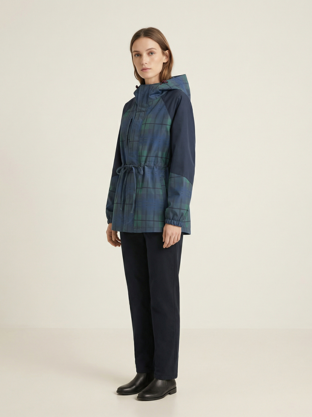 Plaid Hooded Standup Drawstring Windbreaker Jacket