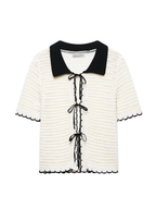 Beige Bow Lace Up Knit Sweater With Lapel Neck