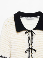 Beige Bow Lace Up Knit Sweater With Lapel Neck