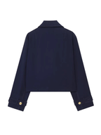 Navy Cropped Double Breasted Trench Jacket With Vintage Lapel Collar Long Sleeves