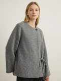 Gray Kimono Knit Coat With Front Button Tie