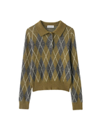 Diamond Patterned Knitted Sweater With Notched Lapel Buttoned Long Sleeves Elegant Style