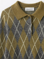 Diamond Patterned Knitted Sweater With Notched Lapel Buttoned Long Sleeves Elegant Style