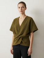 Olive Green Twist Front Knit Top V Neck Casual Blouse