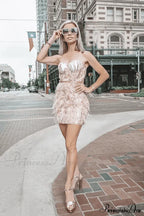 Lalia Pink Sequin Charming Feather Mini Dress