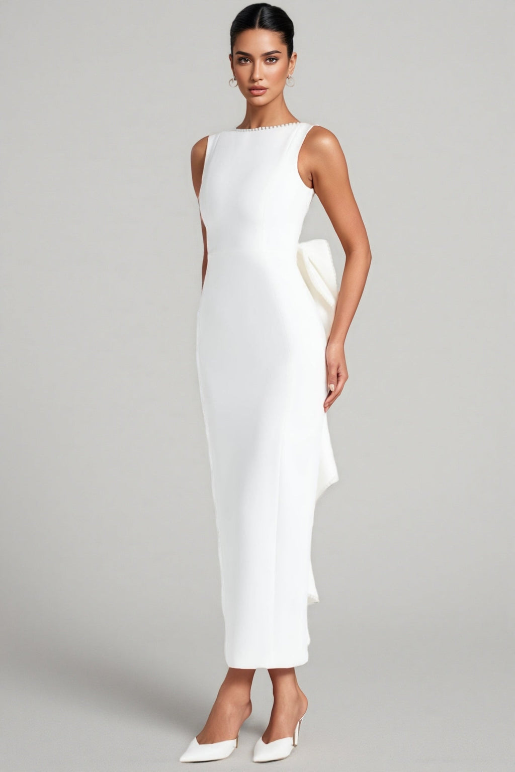 Jerres White Backless Pearl Ribbon Maxi Dress