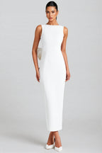 Jerres White Backless Pearl Ribbon Maxi Dress
