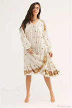 Lantern Long Sleeve Cotton Rayon Embroidery Dress
