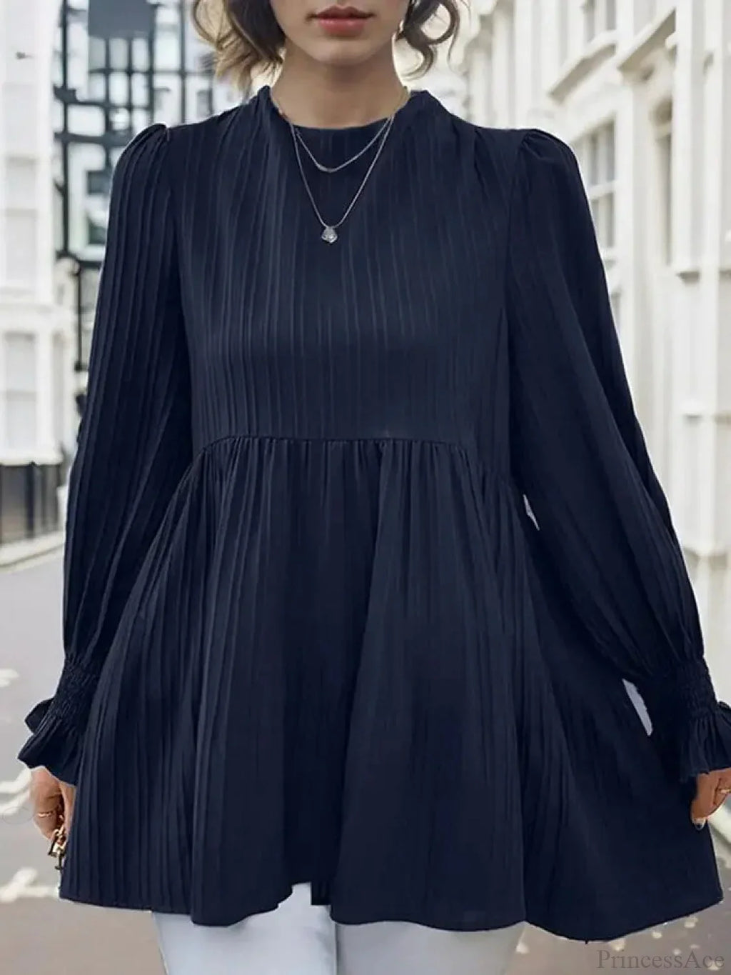Lantern Long Sleeve Pleated Blouse Casual Blouse