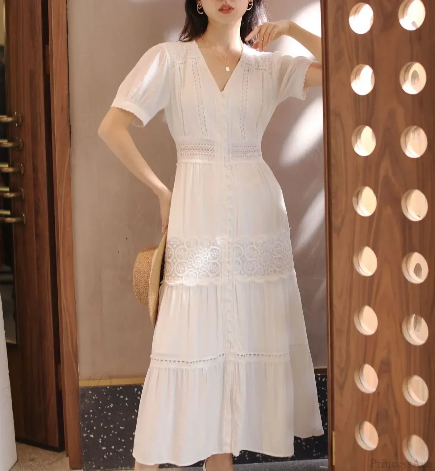 Lantern Sleeve Cotton Rayon Lace Splice Long Dress Vintage White V-neck