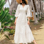 Lantern Sleeve Cotton Rayon Lace Splice Long Dress Vintage White V-neck