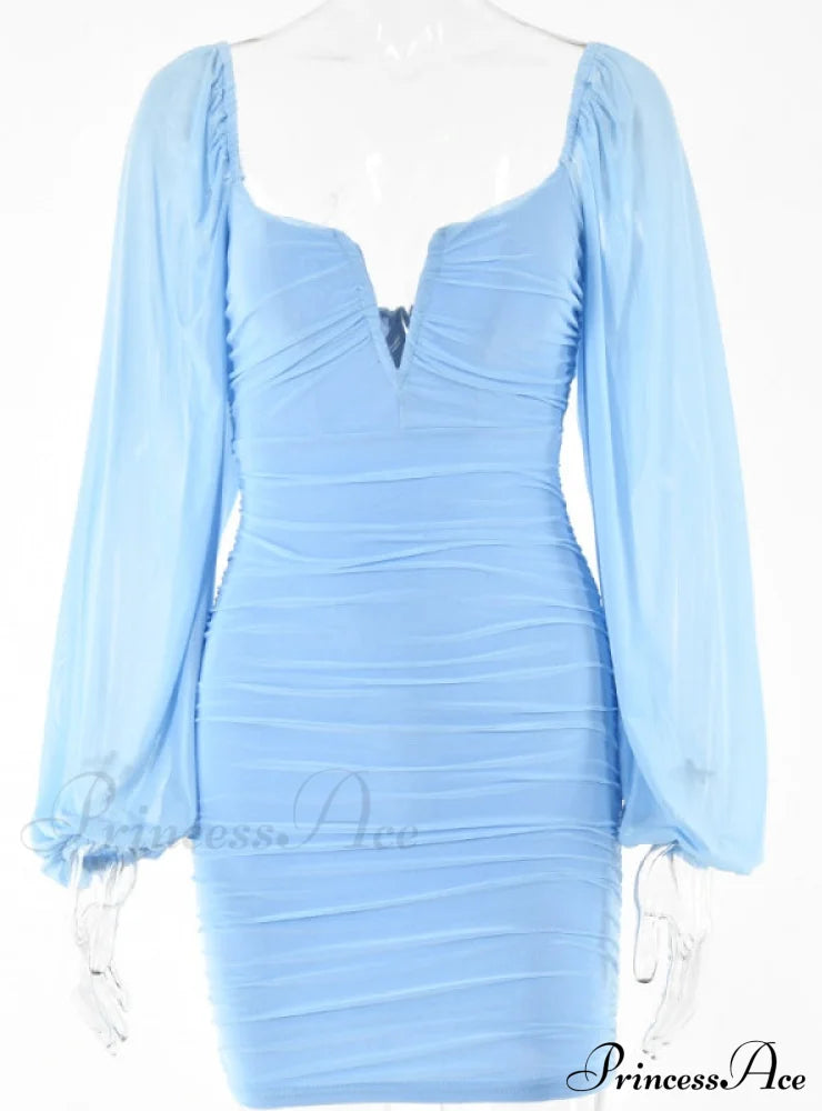Lantern Sleeve Ruched Bodycon Dress with V-Cut