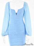 Lantern Sleeve Ruched Bodycon Dress with V-Cut