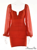 Lantern Sleeve Ruched Bodycon Dress with V-Cut