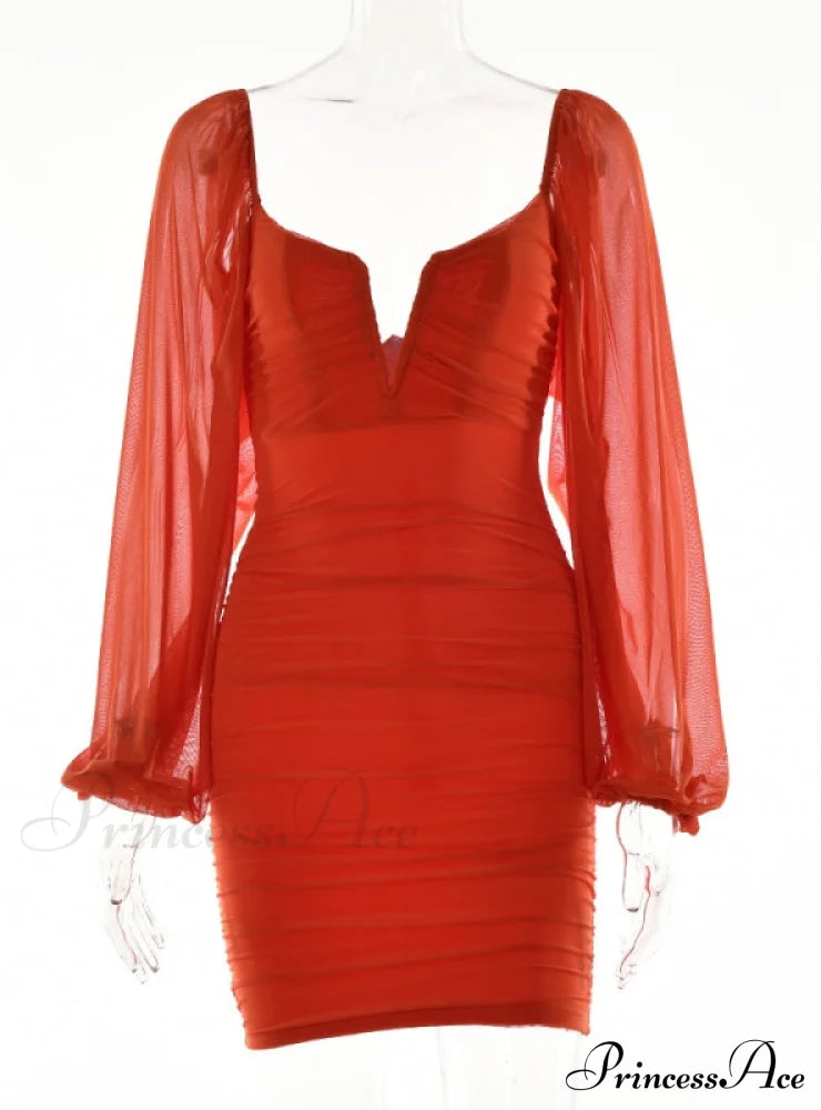 Lantern Sleeve Ruched Bodycon Dress with V-Cut