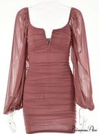 Lantern Sleeve Ruched Bodycon Dress with V-Cut