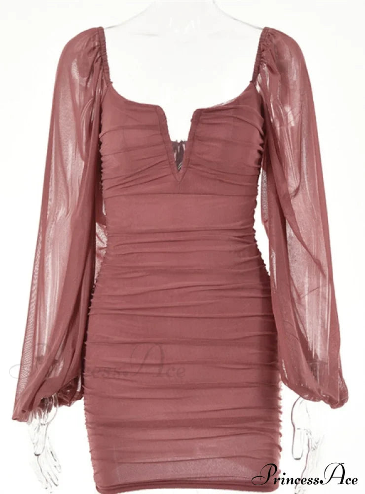 Lantern Sleeve Ruched Bodycon Dress with V-Cut