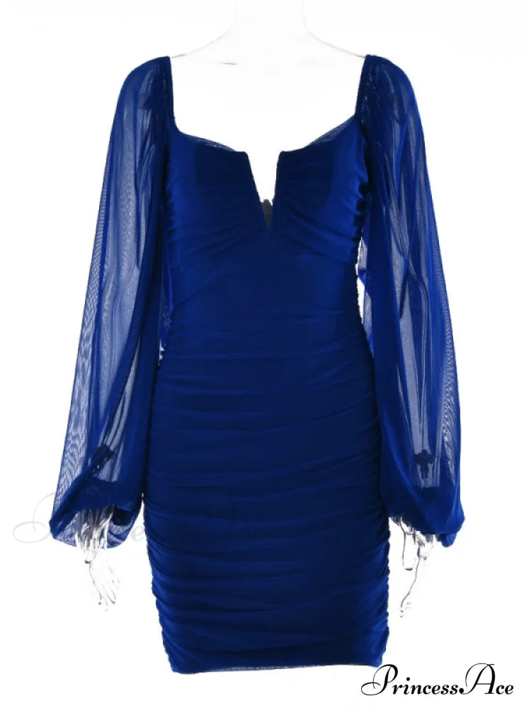 Lantern Sleeve Ruched Bodycon Dress with V-Cut
