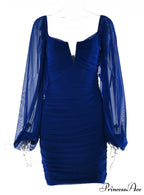 Lantern Sleeve Ruched Bodycon Dress with V-Cut