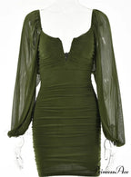 Lantern Sleeve Ruched Bodycon Dress with V-Cut