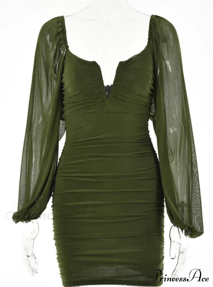 Lantern Sleeve Ruched Bodycon Dress with V-Cut