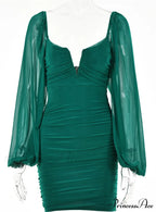 Lantern Sleeve Ruched Bodycon Dress with V-Cut