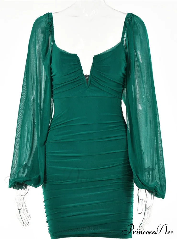 Lantern Sleeve Ruched Bodycon Dress with V-Cut