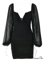 Lantern Sleeve Ruched Bodycon Dress with V-Cut