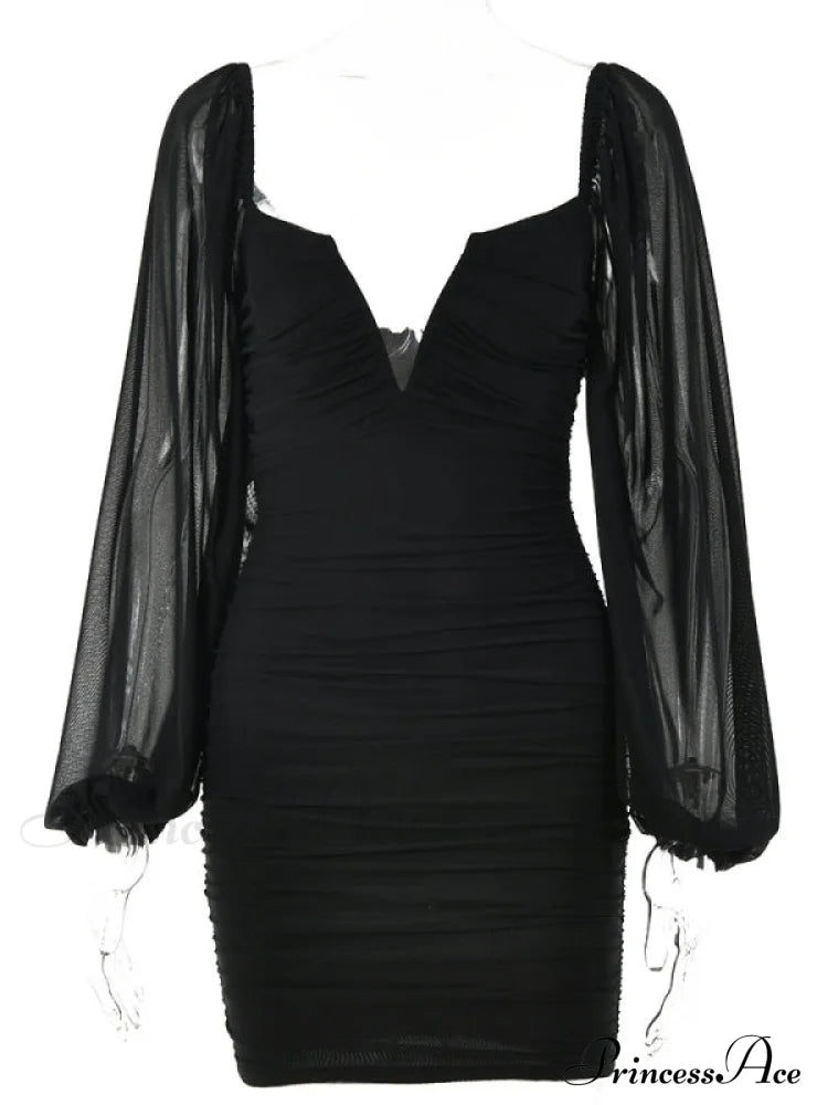 Lantern Sleeve Ruched Bodycon Dress with V-Cut