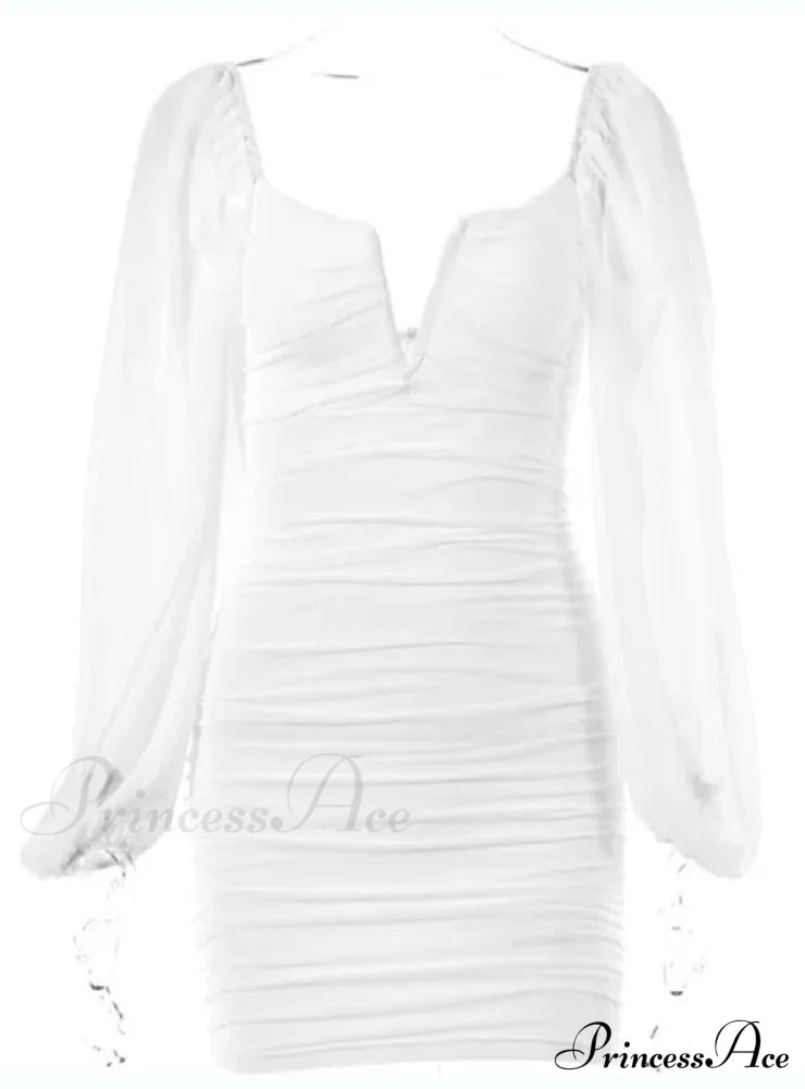 Lantern Sleeve Ruched Bodycon Dress with V-Cut