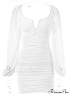 Lantern Sleeve Ruched Bodycon Dress with V-Cut