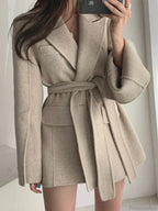 Lapel Belted Spliced Pockets Overcoat