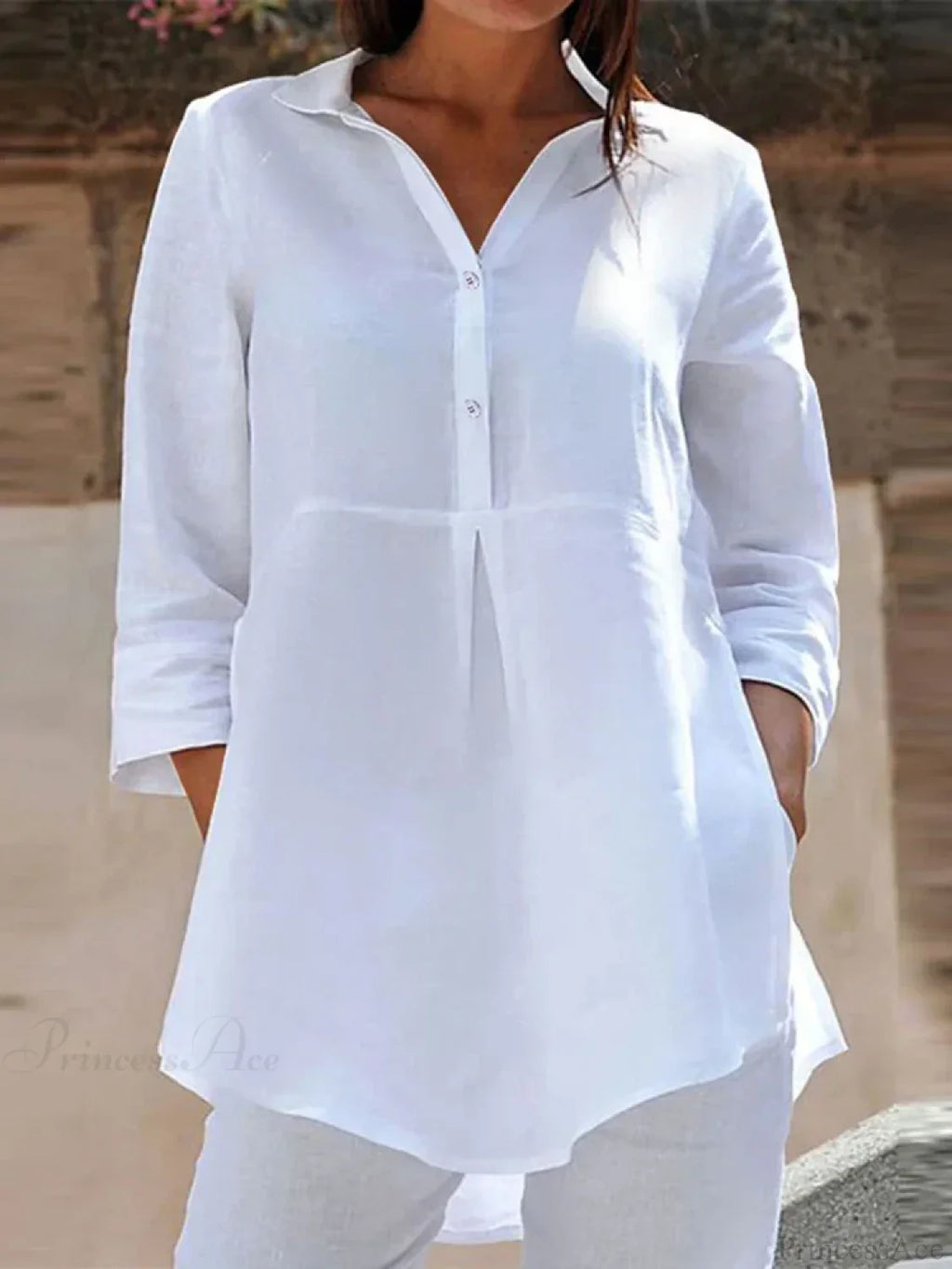 Lapel Neck 3/4 Sleeve Casual Loose Button Blouse