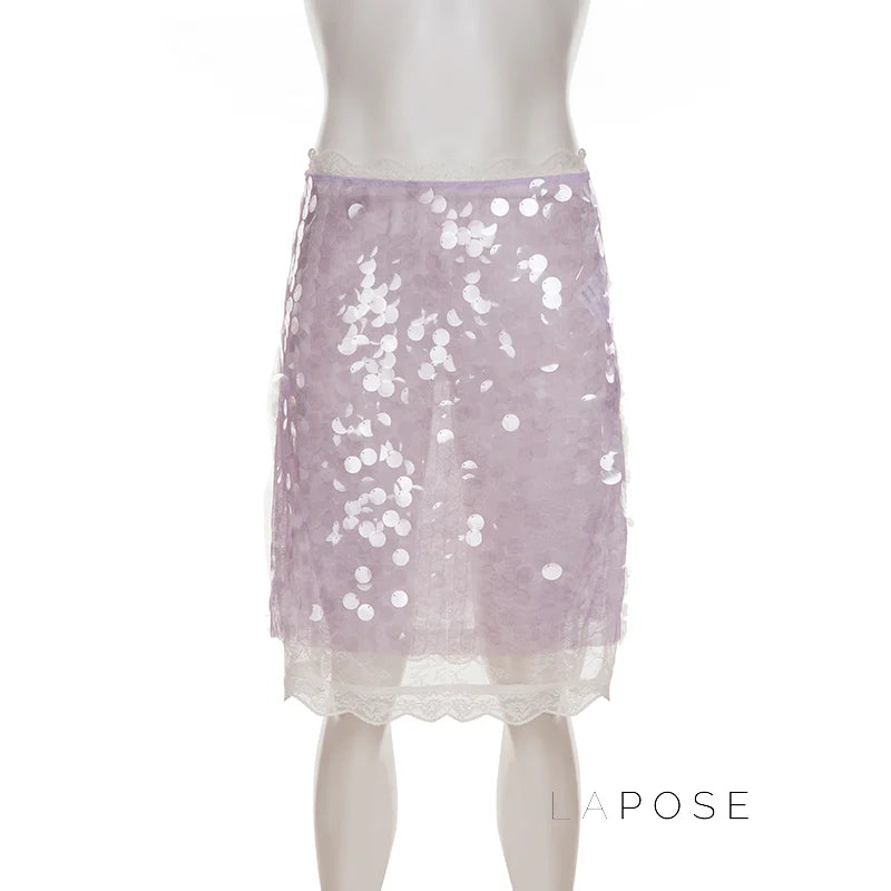 Aarna Sequin Lace Detail Midi Skirt