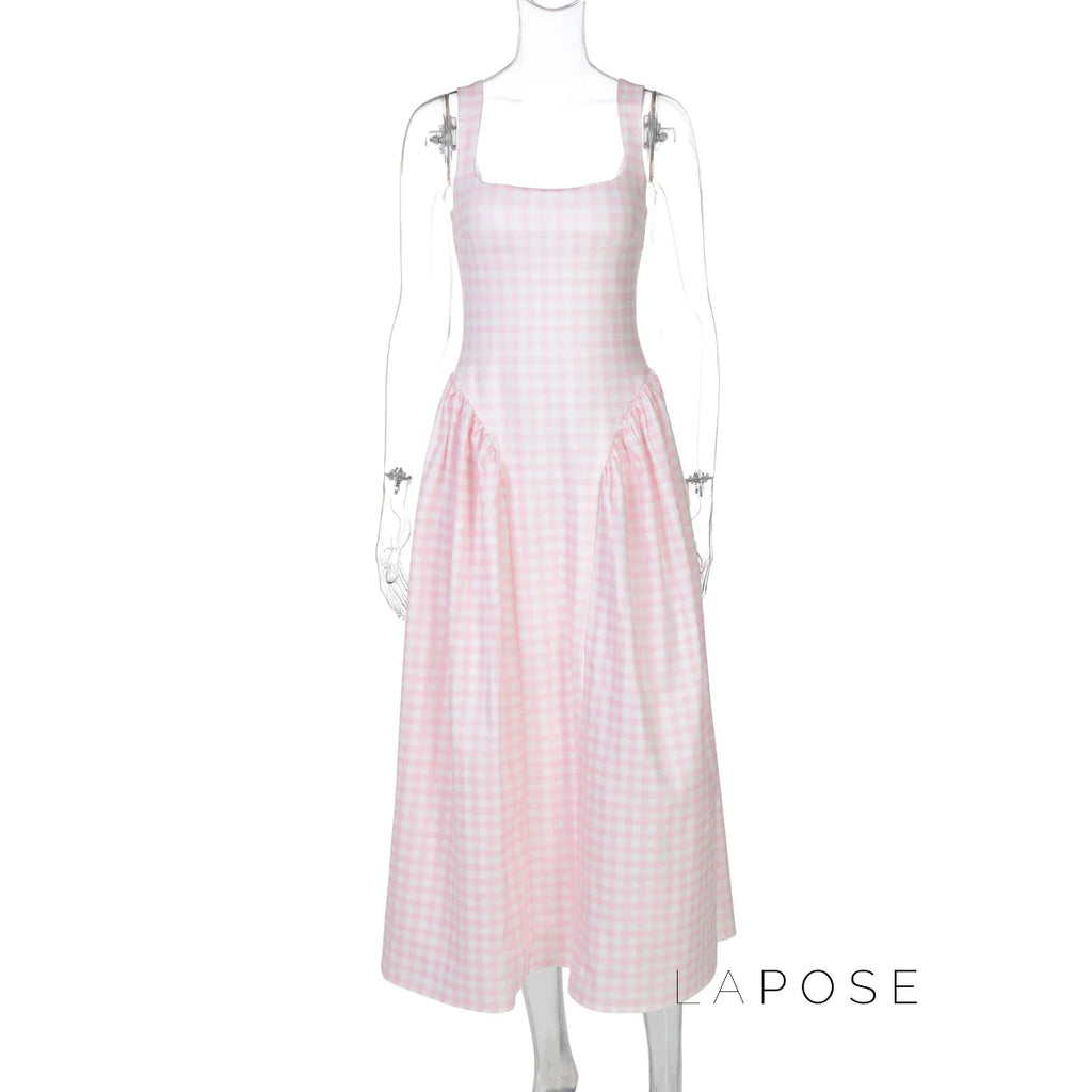 Adalae Plaid Backless Midi Dress