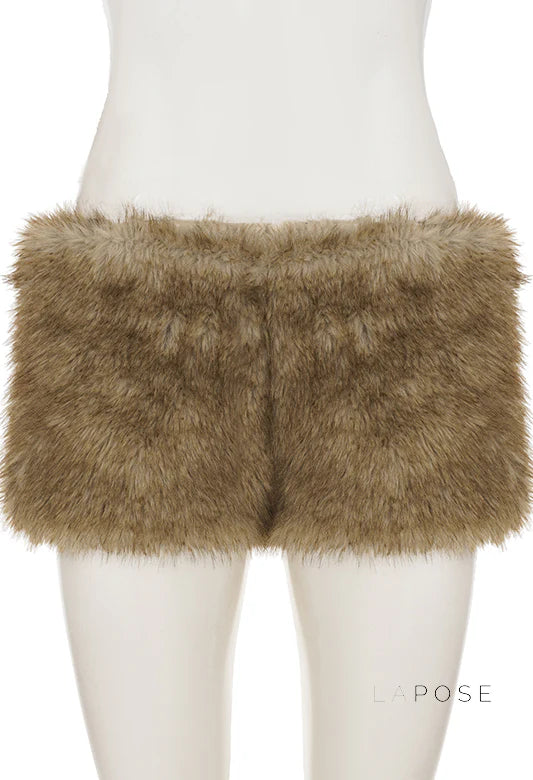 Adeline Khaki Faux Fur Shorts
