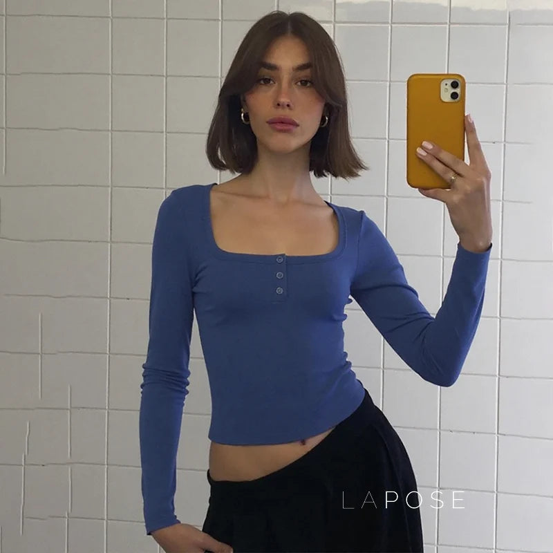 Aditri Ribbed Button U-Neck Top