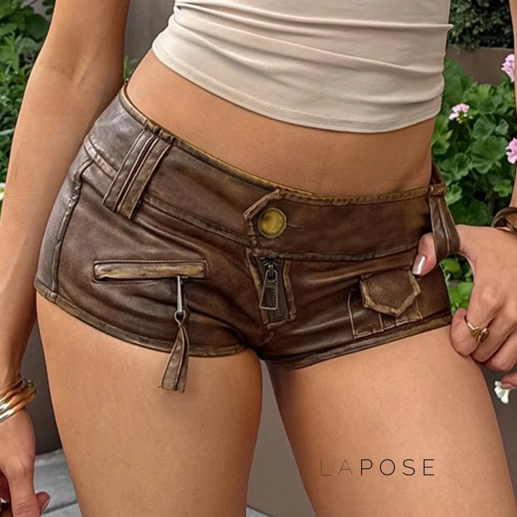 Ainslie Brown Faux Leather Biker Shorts