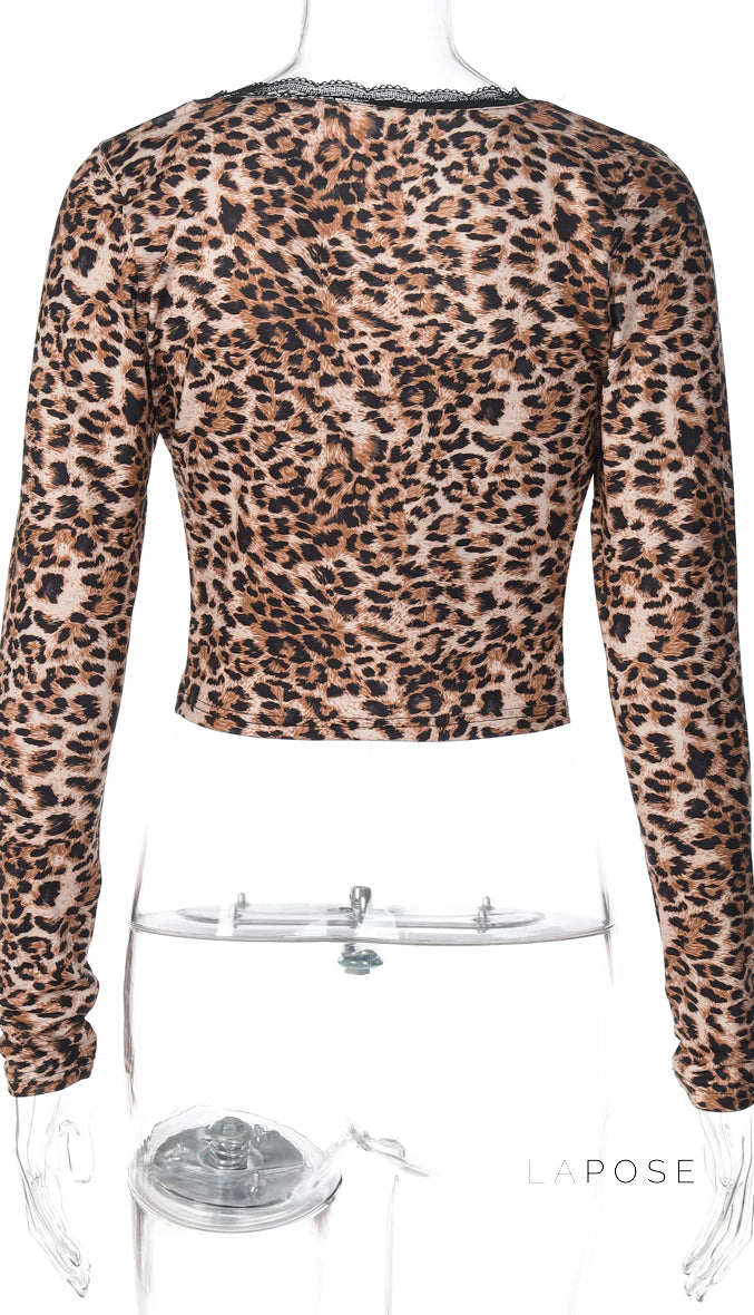 Aleksandra Leopard Lace-Up Cardigan Top