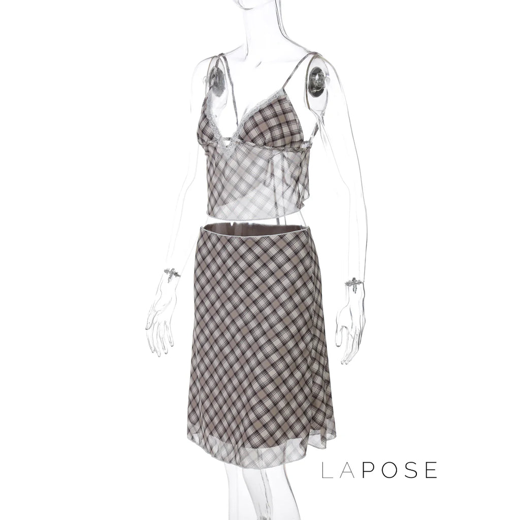 Alize Lace Trim Plaid Skirt Set