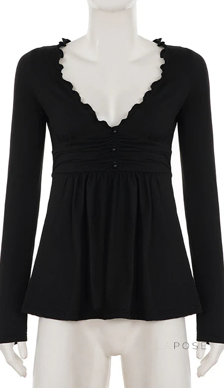 Analy Ruched V-Neck Long Sleeve Top