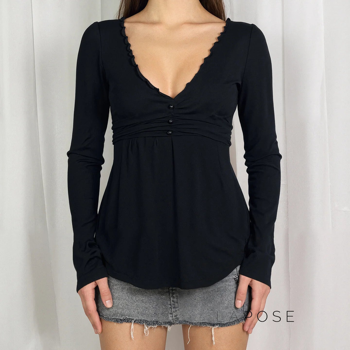 Analy Ruched V-Neck Long Sleeve Top