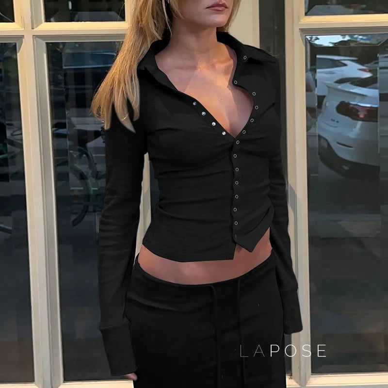 Aniylah Ribbed Collared Button Top
